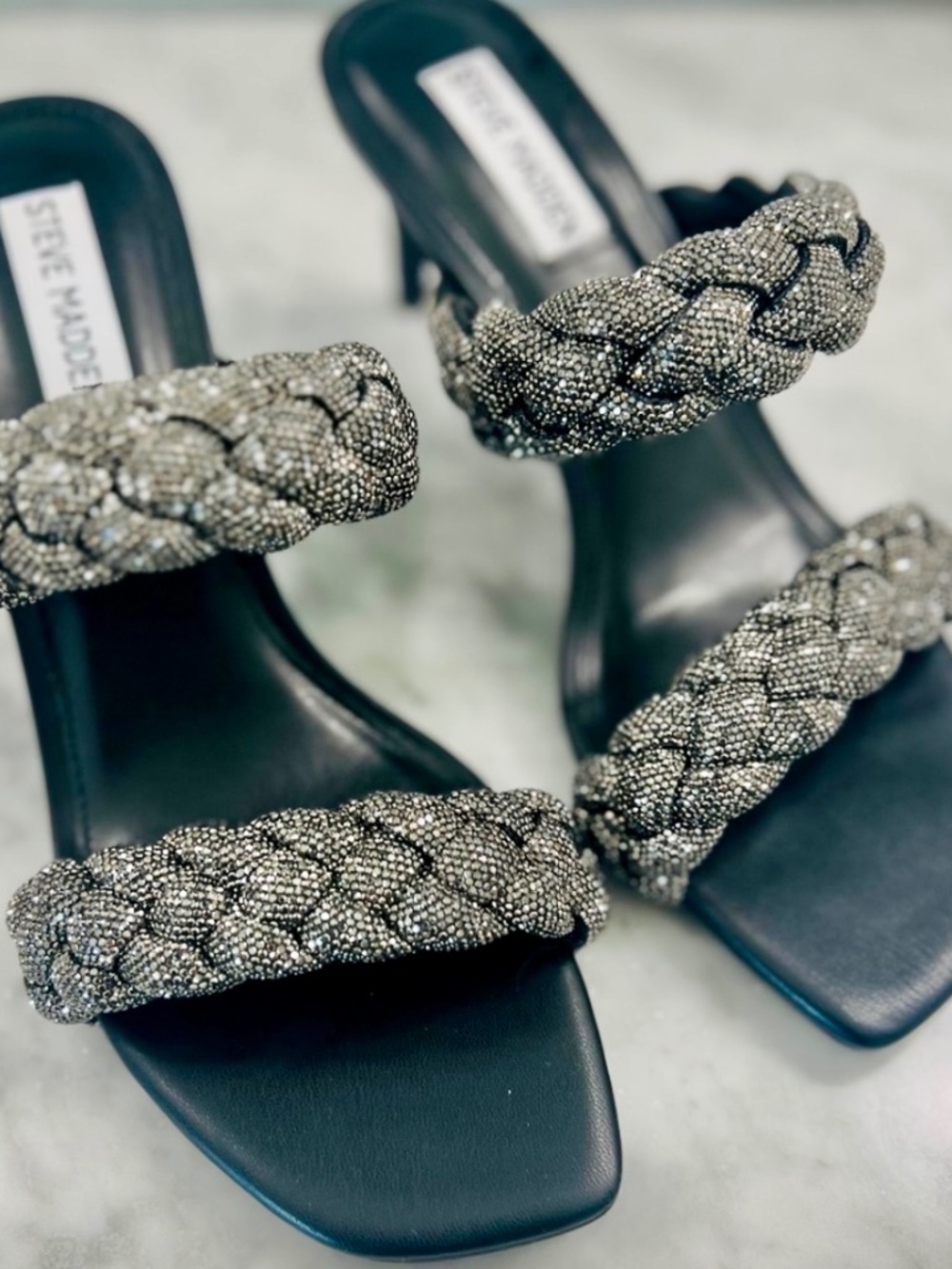 Steve Madden Kenley Women's Braided Black Rhinestone Heeled Sandals Sz 8 - Picture 2 of 11